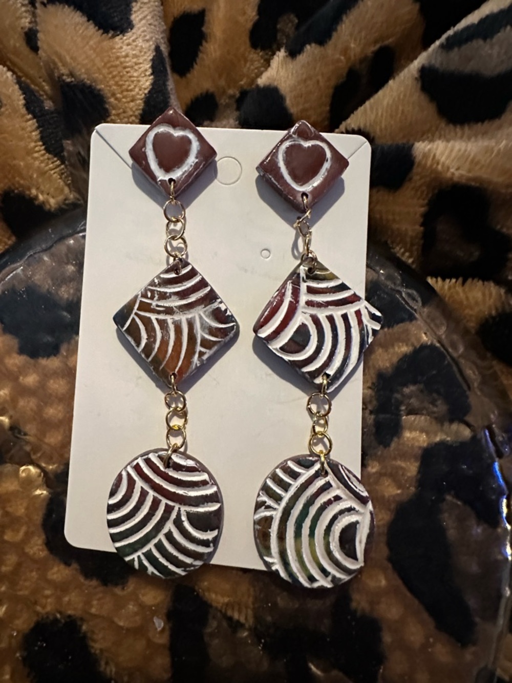 Brown and White Geometric Drop Earrings - Women Jewelry
